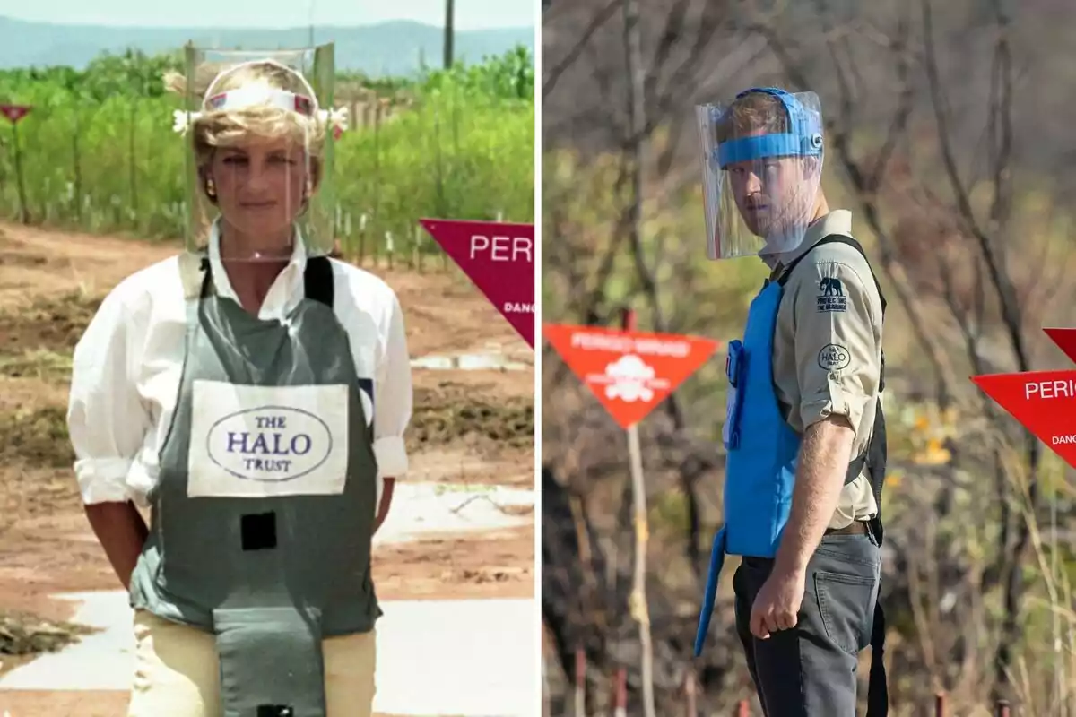 Lady Di i el príncep Harry utilitzant equip de protecció i visors transparents en un camp amb senyals d’advertència de perill Lady Di i el príncep Harry utilitzant equip de protecció i visors transparents en un camp amb senyals d’advertència de perill