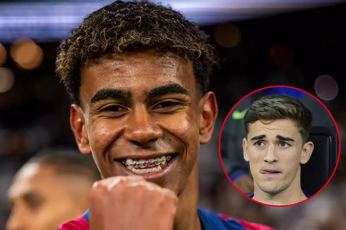 Montaje con Lamine Yamal, sonriente y con brackets con los colores del Barcelona, y Gavi, sacando la lengua y dentro de un círculo rojo