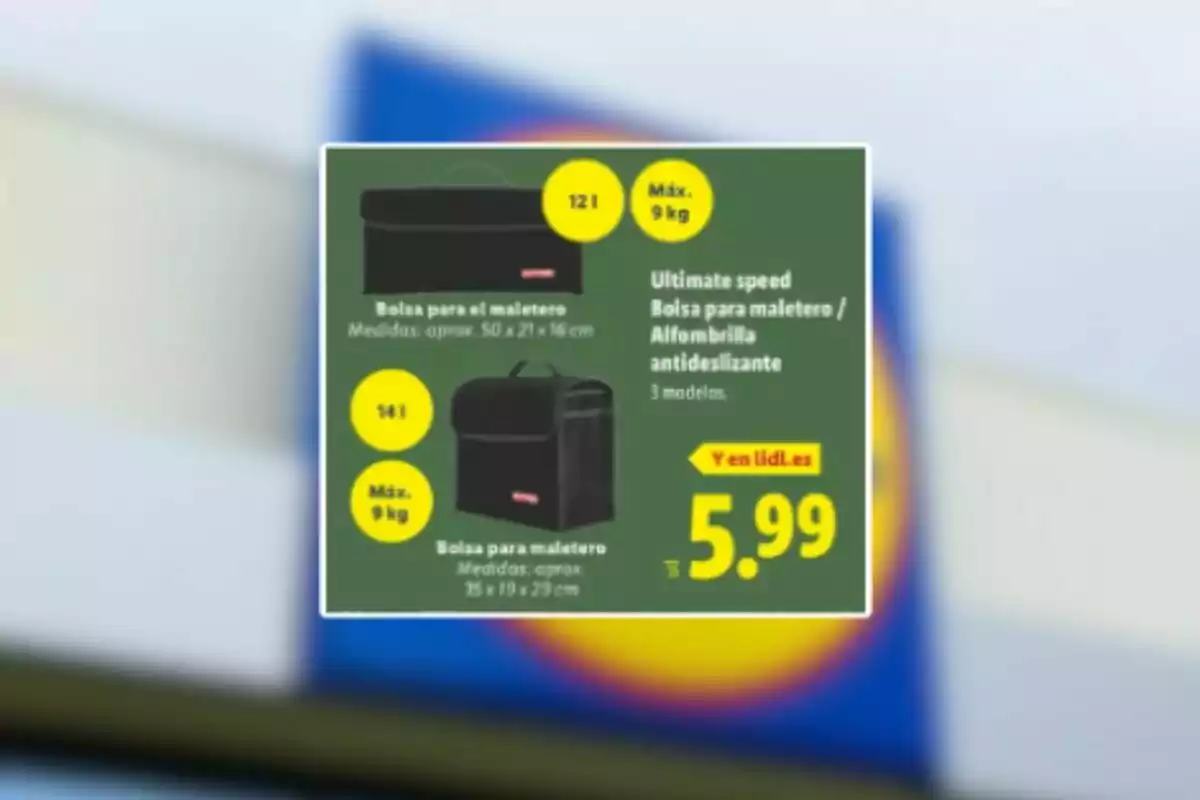 Publicitat de bosses per al maleter Ultimate Speed a Lidl amb una capacitat de 12 i 14 litres, suporten fins a 9 kg i tenen un preu de 5,99 euros. Publicitat de bosses per al maleter Ultimate Speed a Lidl amb una capacitat de 12 i 14 litres, suporten fins a 9 kg i tenen un preu de 5,99 euros.