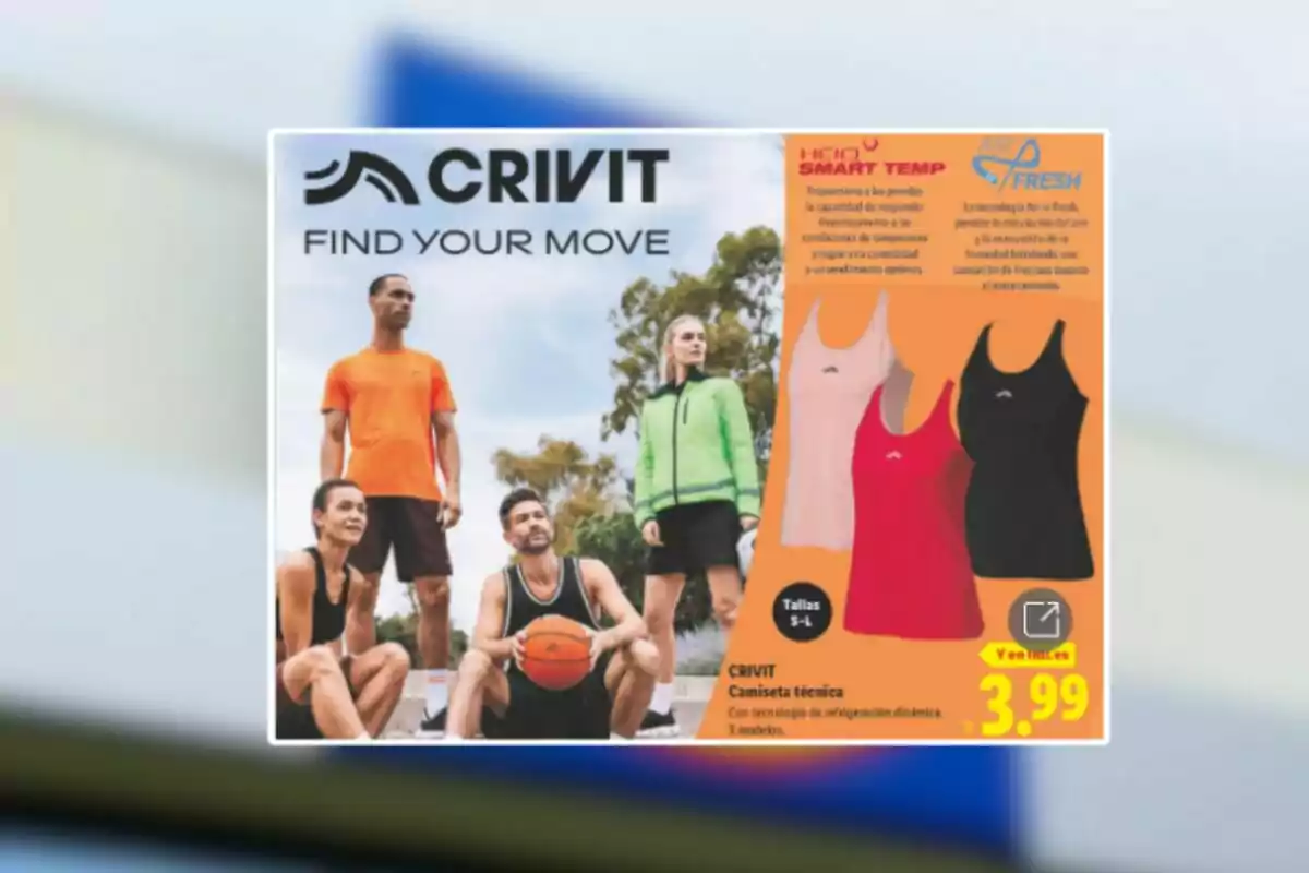 Publicitat de samarretes esportives Crivit amb un grup de persones amb roba esportiva i models de samarretes en colors rosa, vermell i negre, preu de 3,99 euros Publicitat de samarretes esportives Crivit amb un grup de persones amb roba esportiva i models de samarretes en colors rosa, vermell i negre, preu de 3,99 euros