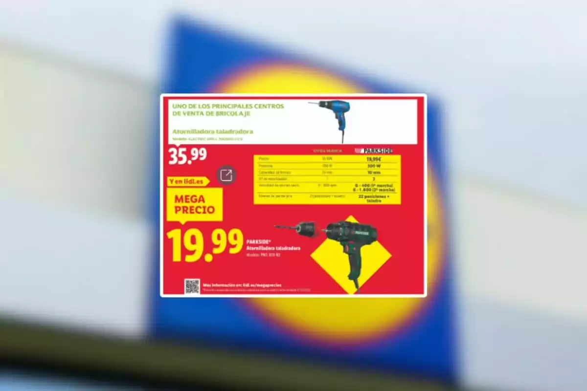 Publicidad de taladros y atornilladoras en oferta en un folleto de Lidl con precios destacados y fondo desenfocado del logo de la tienda