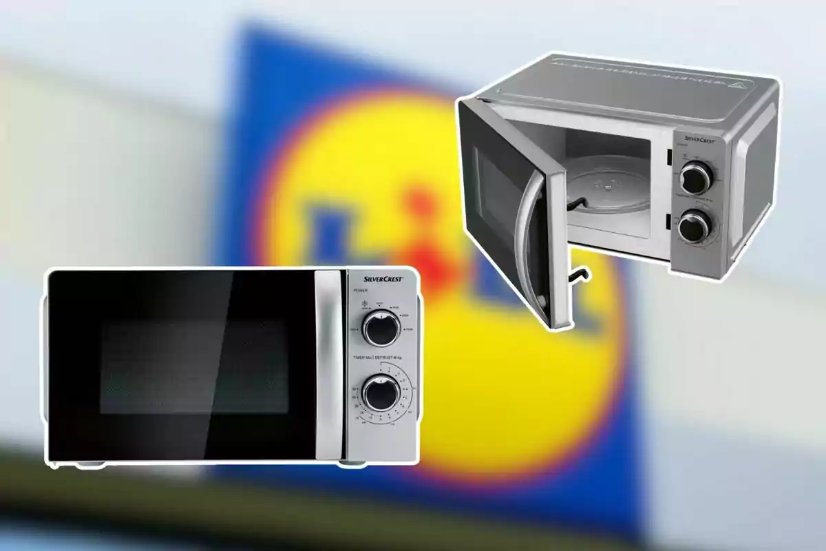 Dos microondas plateados de la marca SilverCrest sobre un fondo desenfocado con el logotipo de Lidl Dos microondas plateados de la marca SilverCrest sobre un fondo desenfocado con el logotipo de Lidl