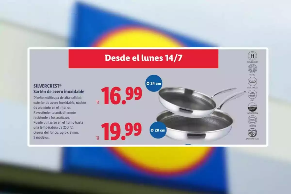 Oferta de sartenes de acero inoxidable Silvercrest en dos tamaños con precios de 16.99 y 19.99 euros disponible desde el lunes 14 de julio en una tienda con fondo desenfocado del logo de Lidl Oferta de sartenes de acero inoxidable Silvercrest en dos tamaños con precios de 16.99 y 19.99 euros disponible desde el lunes 14 de julio en una tienda con fondo desenfocado del logo de Lidl