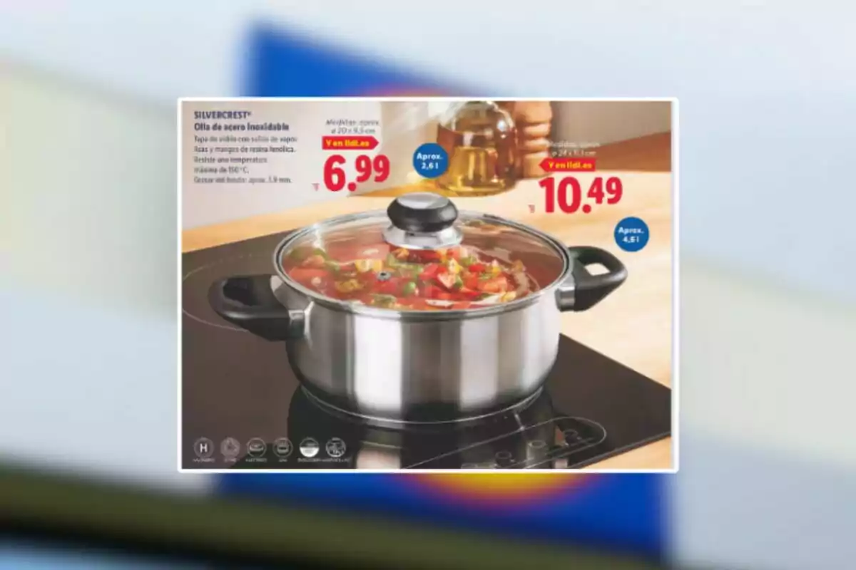 Olla de acero inoxidable con tapa de vidrio cocinando una sopa de verduras sobre una estufa de inducción y precios promocionales en un folleto de supermercado Olla de acero inoxidable con tapa de vidrio cocinando una sopa de verduras sobre una estufa de inducción y precios promocionales en un folleto de supermercado