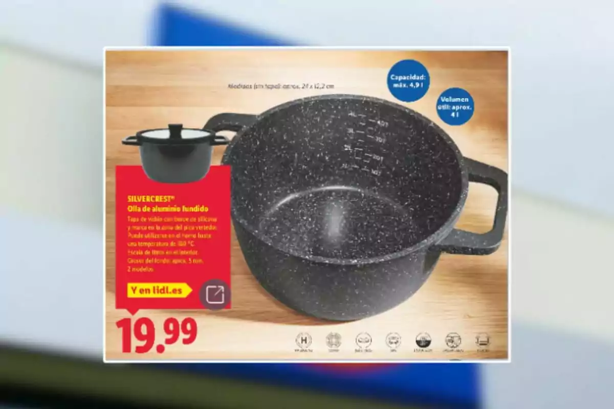 Olla d’alumini fos Silvercrest de color negre amb interior esquitxat, nanses laterals i tapa de vidre, capacitat màxima de 4,9 litres, oferta de 19,99 euros a Lidl Olla d’alumini fos Silvercrest de color negre amb interior esquitxat, nanses laterals i tapa de vidre, capacitat màxima de 4,9 litres, oferta de 19,99 euros a Lidl
