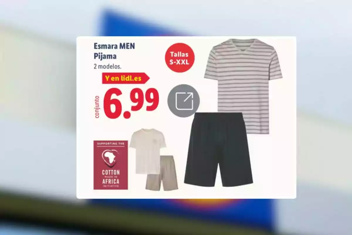 Publicitat d’un conjunt de pijama per a home Esmara MEN disponible en talles de la S a la XXL per 6,99 euros a Lidl amb dos models diferents i cotó de la iniciativa Cotton Made in Africa Publicitat d’un conjunt de pijama per a home Esmara MEN disponible en talles de la S a la XXL per 6,99 euros a Lidl amb dos models diferents i cotó de la iniciativa Cotton Made in Africa