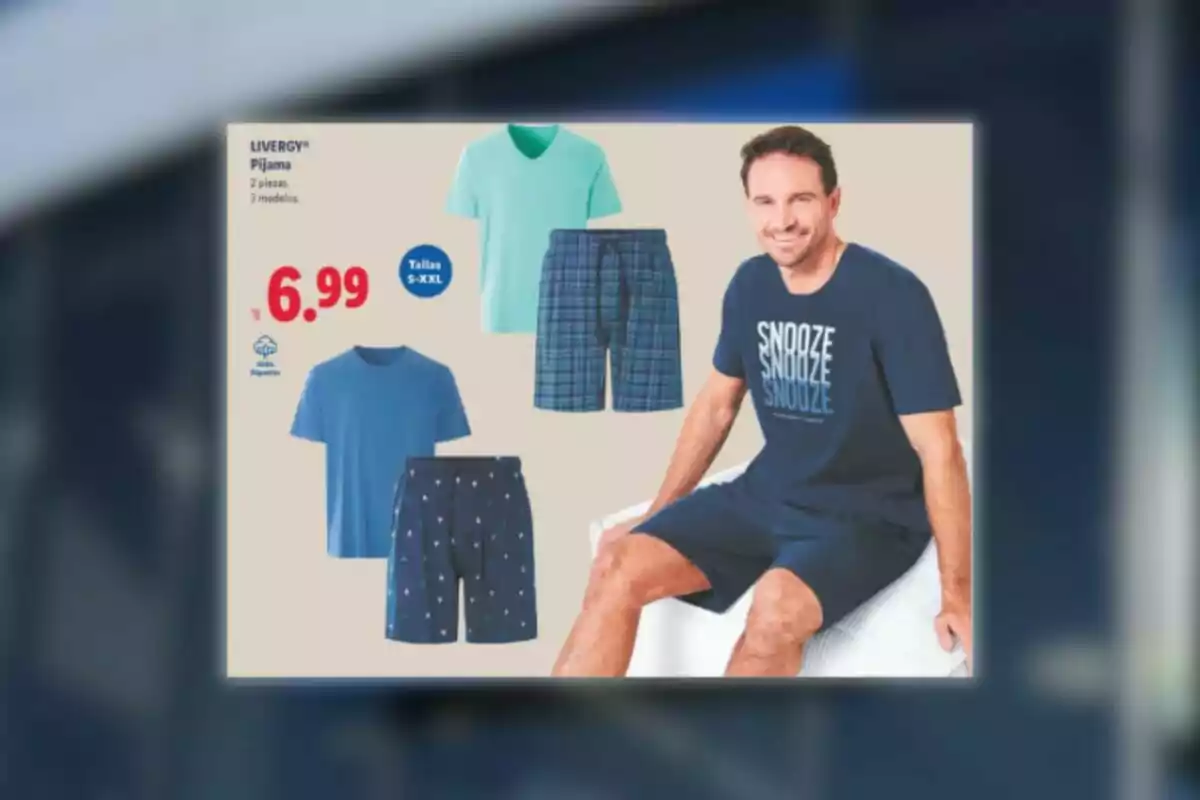 Publicitat de pijames d’home de dues peces en diferents colors i dissenys amb un preu de 6,99 euros i talles des de la S fins a la XXL Publicitat de pijames d’home de dues peces en diferents colors i dissenys amb un preu de 6,99 euros i talles des de la S fins a la XXL