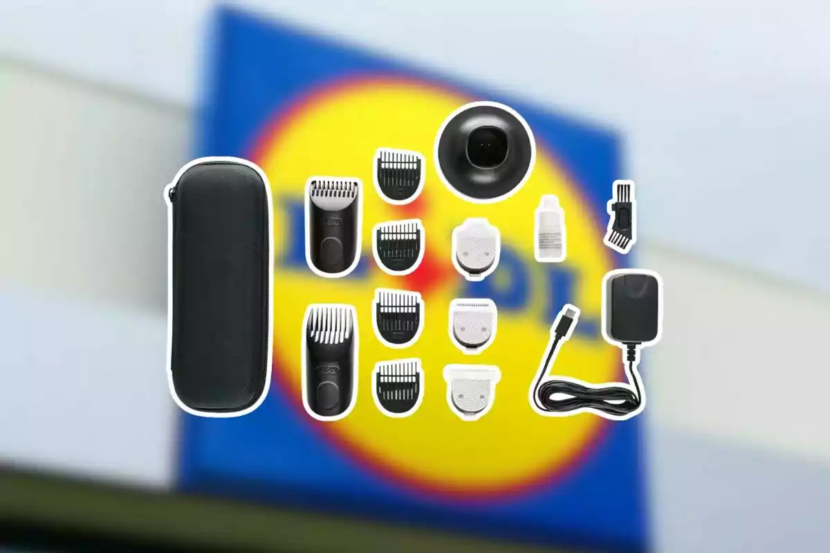 Kit de talladora de cabell amb diversos accessoris i estoig sobre un fons desenfocat d’un rètol de supermercat Kit de talladora de cabell amb diversos accessoris i estoig sobre un fons desenfocat d’un rètol de supermercat