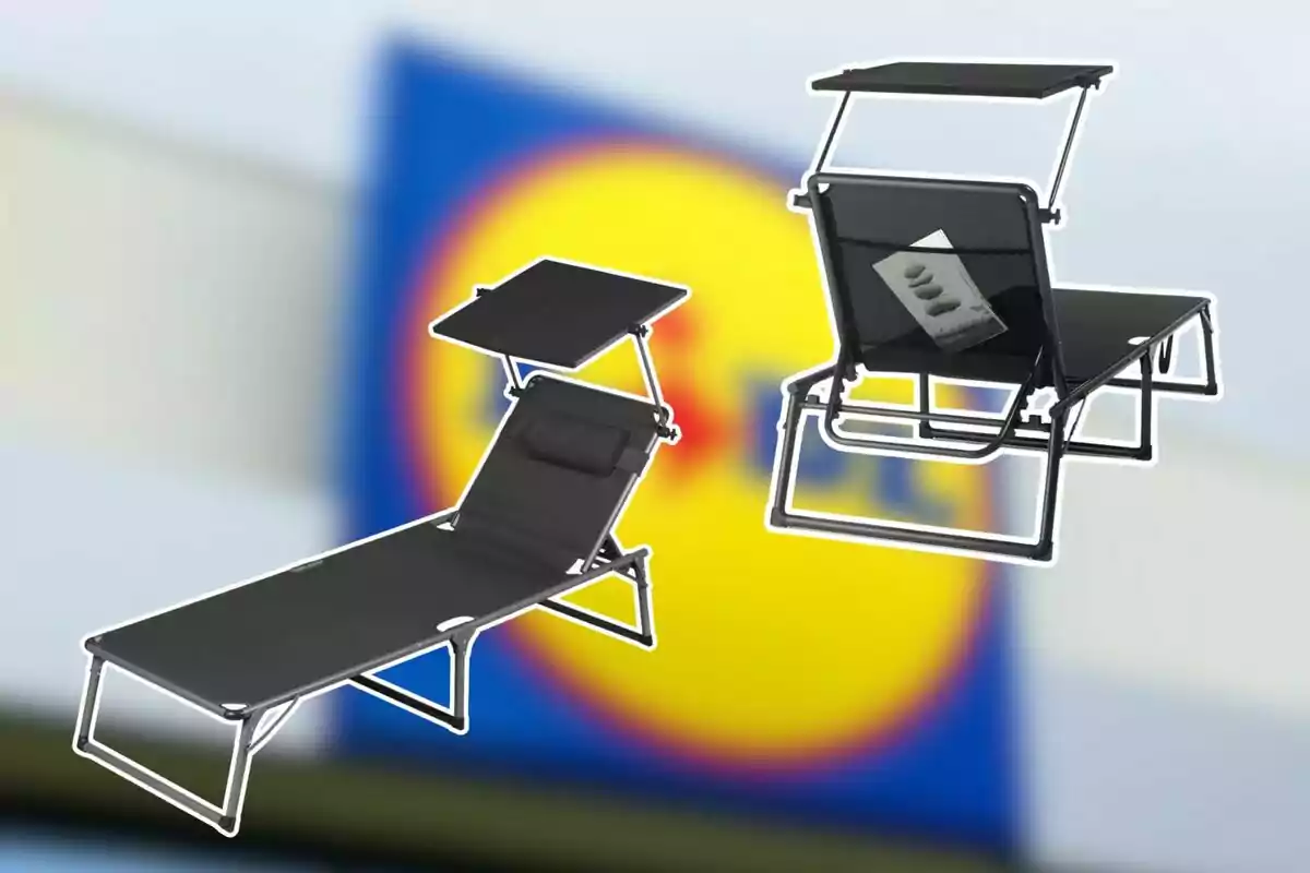Dues gandules negres amb estructura metàl·lica i para-sol ajustable sobre un fons desenfocat amb el logotip de Lidl Dues gandules negres amb estructura metàl·lica i para-sol ajustable sobre un fons desenfocat amb el logotip de Lidl