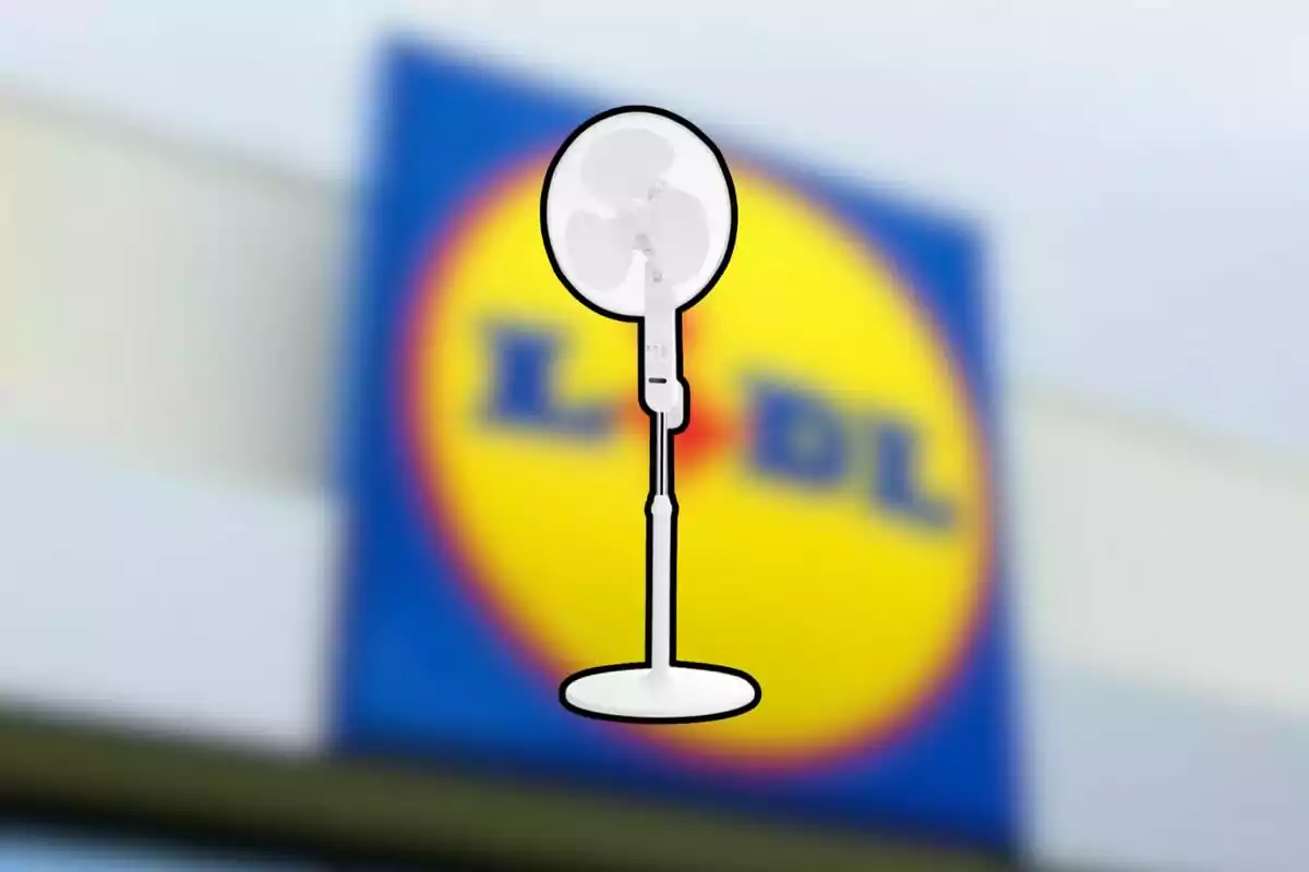 Ventilador de peu blanc davant d’un cartell borros d’una botiga Lidl Ventilador de peu blanc davant d’un cartell borros d’una botiga Lidl