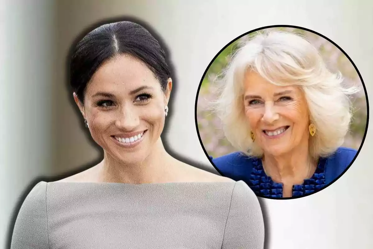 Meghan Markle sonriente en primer plano con otra mujer de la reina Camila dentro de un círculo en la esquina superior derecha