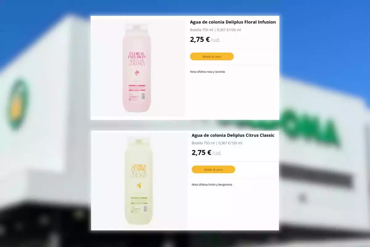 Dos productes d’aigua de colònia Deliplus en presentació de 750 ml, un amb aroma floral i l’altre cítric, tots dos amb un preu de 2,75 euros cadascun. Dos productes d’aigua de colònia Deliplus en presentació de 750 ml, un amb aroma floral i l’altre cítric, tots dos amb un preu de 2,75 euros cadascun.