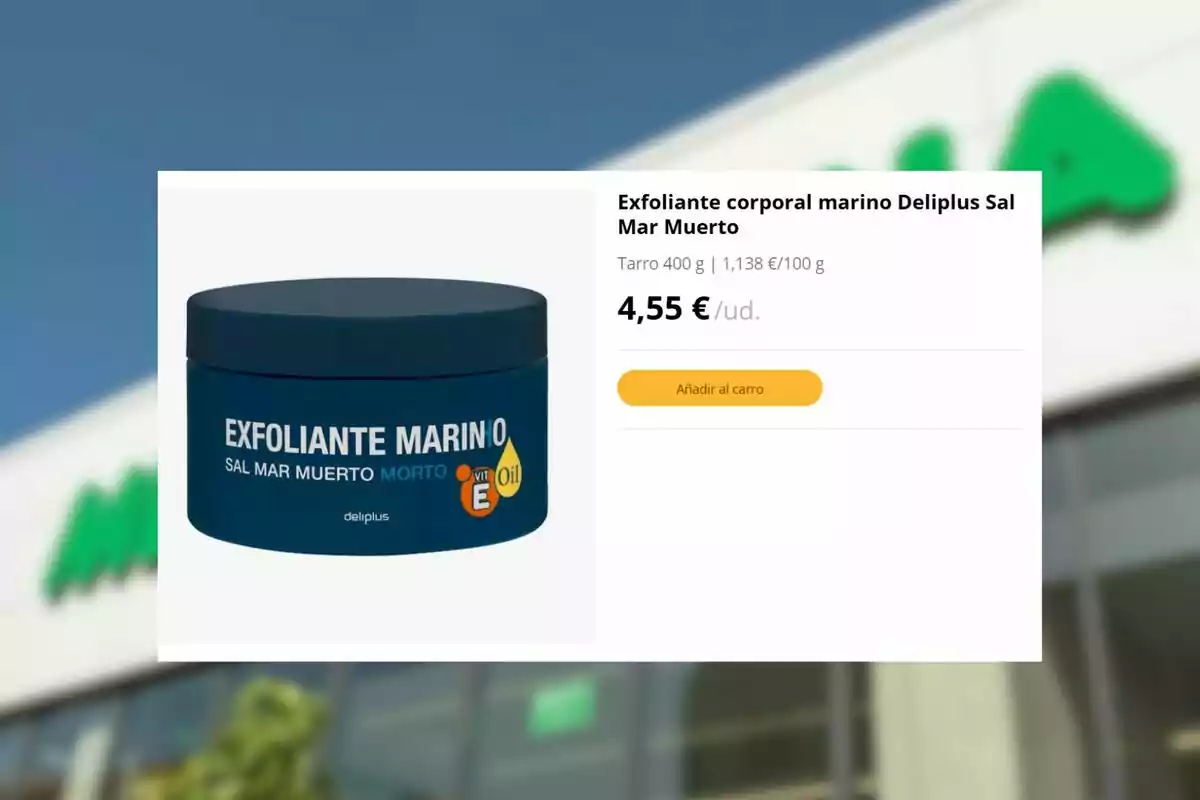 Envàs blau d’exfoliant corporal marí Deliplus Sal Mar Mort amb un preu de 4,55 euros i opció d’afegir a la cistella en una botiga en línia Envàs blau d’exfoliant corporal marí Deliplus Sal Mar Mort amb un preu de 4,55 euros i opció d’afegir a la cistella en una botiga en línia