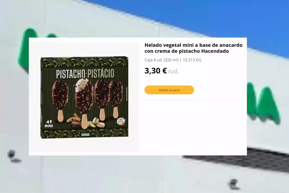 Caixa de gelats vegetals mini d’anacard amb crema de festuc Hacendado en presentació de 4 unitats amb un preu de 3,30 euros i opció d’afegir al carretó Caixa de gelats vegetals mini d’anacard amb crema de festuc Hacendado en presentació de 4 unitats amb un preu de 3,30 euros i opció d’afegir al carretó