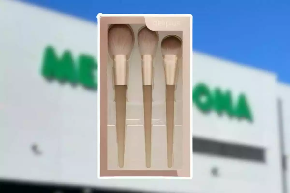 Joc de tres brotxes de maquillatge Deliplus en el seu embalatge davant d’una botiga Mercadona desenfocada Joc de tres brotxes de maquillatge Deliplus en el seu embalatge davant d’una botiga Mercadona desenfocada