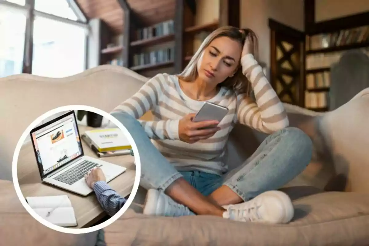 Mujer sentada en un sofá mirando su celular con expresión preocupada y en la esquina una imagen circular muestra una mano usando una laptop sobre un escritorio Mujer sentada en un sofá mirando su celular con expresión preocupada y en la esquina una imagen circular muestra una mano usando una laptop sobre un escritorio