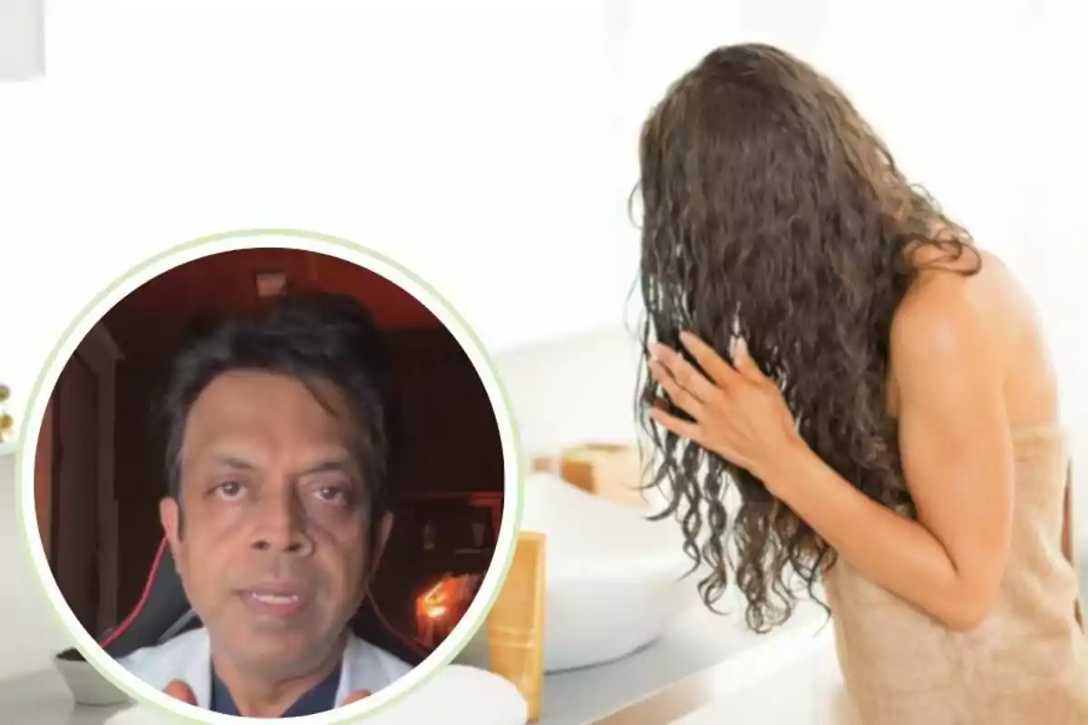 Mujer con el cabello mojado envuelta en una toalla junto a un recuadro con el rostro de un hombre