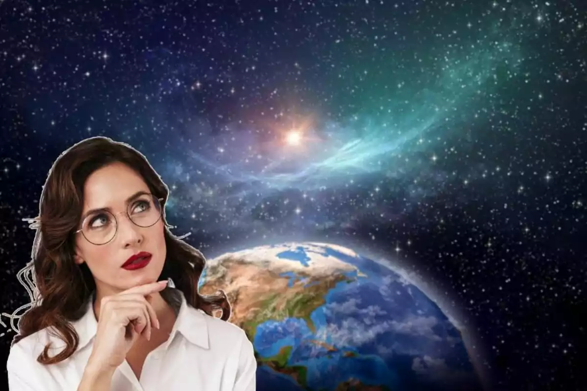 Thoughtful woman with glasses in front of a space and Earth background