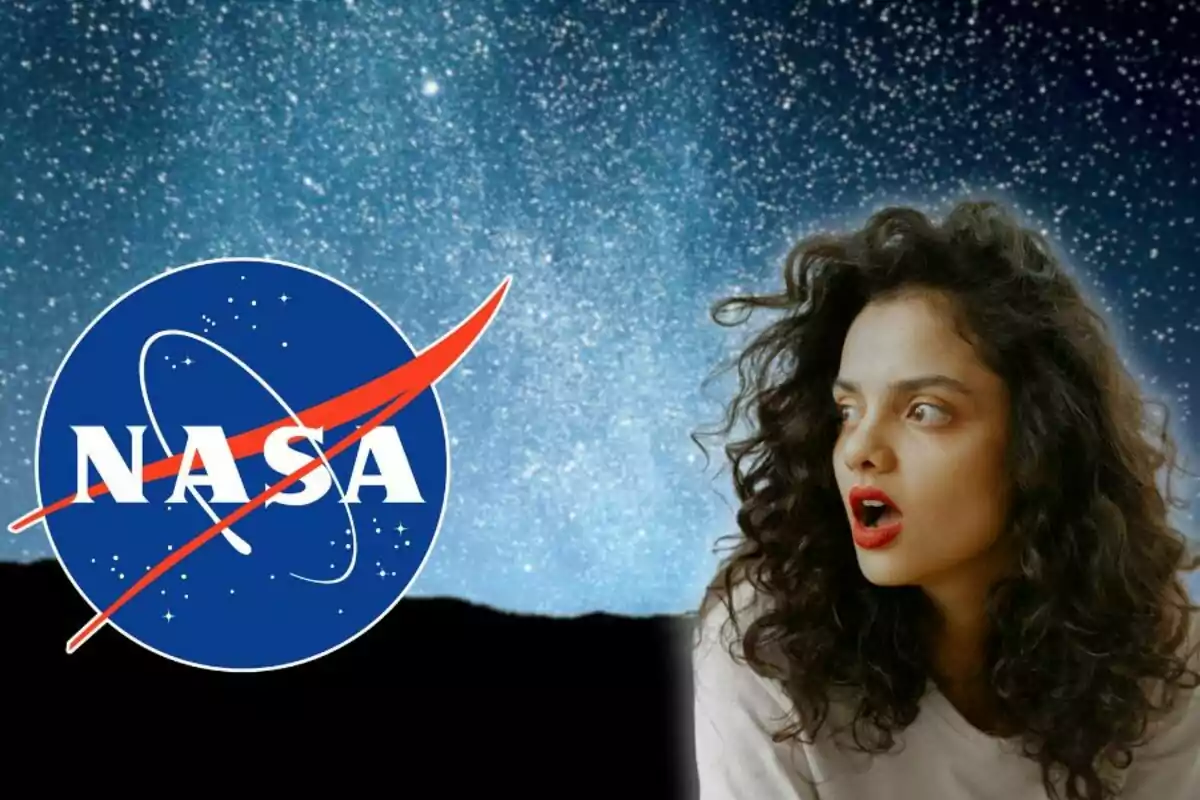 Dona sorpresa amb un fons estrellat i el logotip de la NASA a l'esquerra