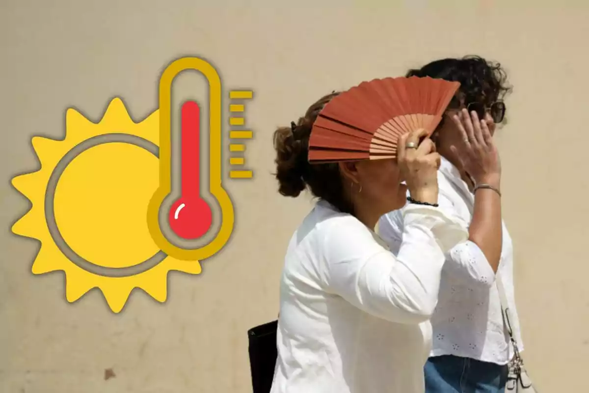 Dos mujeres caminan bajo el sol intenso mientras una de ellas se cubre el rostro con un abanico y la otra con la mano, junto a un gráfico de sol y termómetro que indica altas temperaturas. Dos mujeres caminan bajo el sol intenso mientras una de ellas se cubre el rostro con un abanico y la otra con la mano, junto a un gráfico de sol y termómetro que indica altas temperaturas.