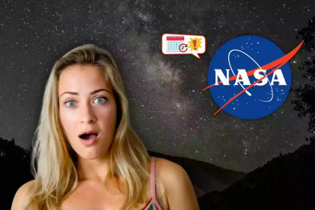 Mujer rubia con expresión de sorpresa frente a un cielo estrellado con el logo de la NASA y un ícono de calendario