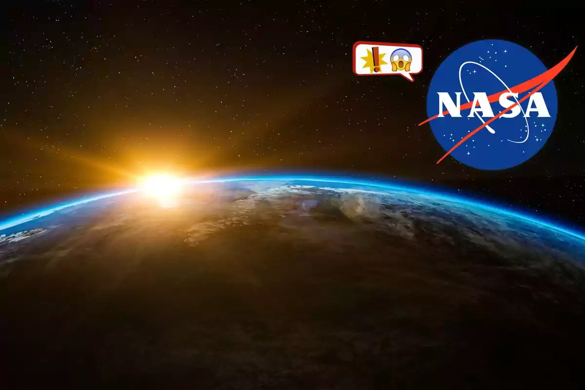 El sol s’albira sobre l’horitzó de la Terra vista des de l’espai amb el logotip de la NASA i una bombolla de diàleg amb emojis de sorpresa a la cantonada superior dreta.