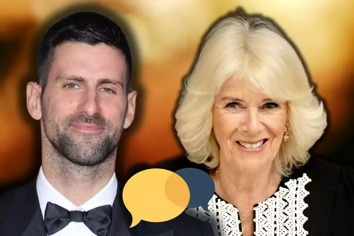 Novak Djokovic junto a la reina Camila ambos sonríen y al frente hay dos burbujas de diálogo sobre un fondo difuminado en tonos dorados