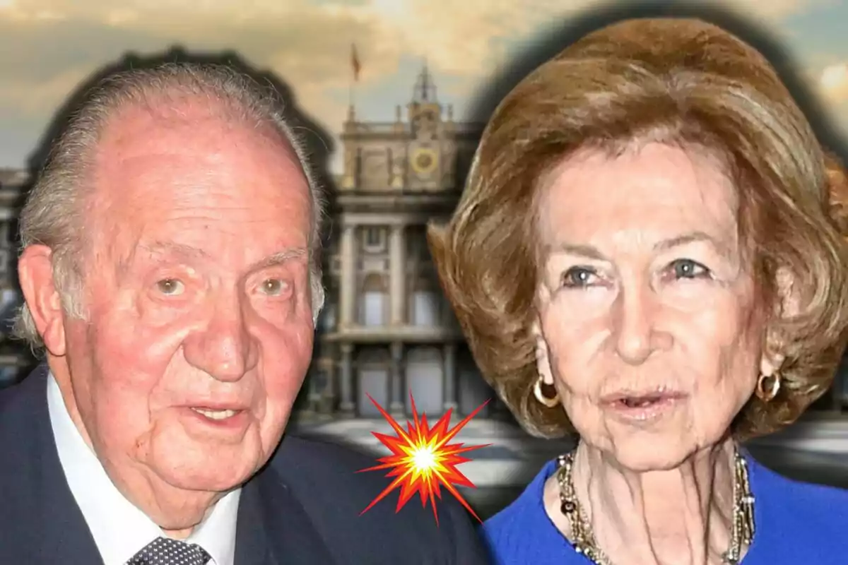 Joan Carles I i la reina Sofia apareixen en primer pla amb un edifici de fons i un gràfic d’explosió entre ells.