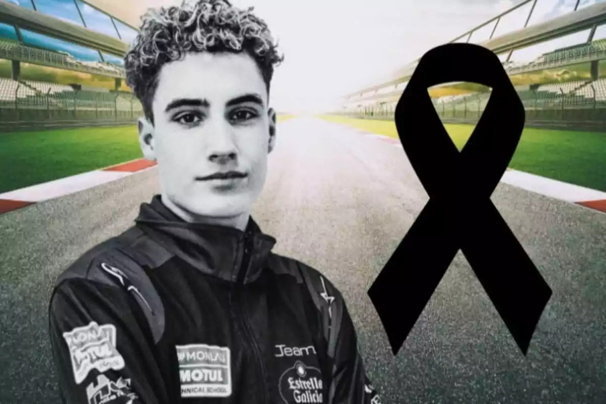 Pau Alsina, a young driver in a racing suit in the foreground next to a black mourning ribbon on an empty racetrack