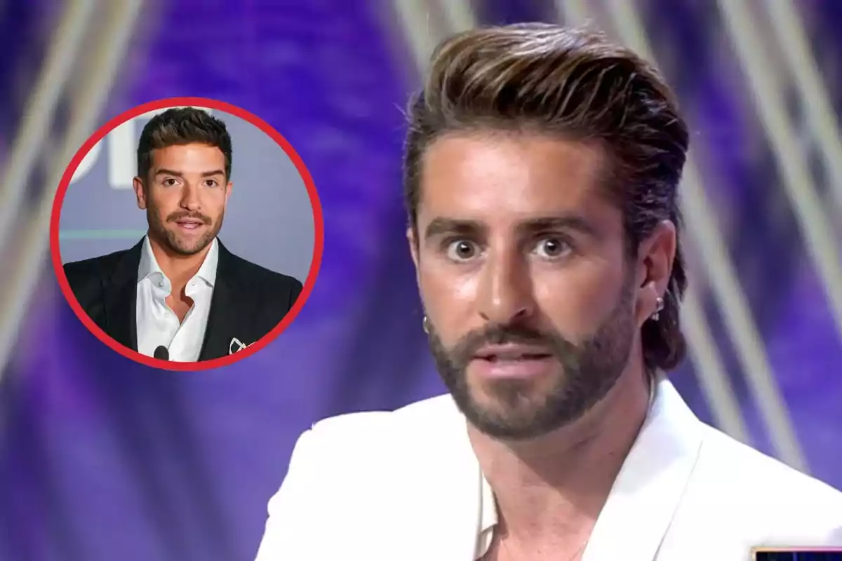 Montaje con Pelayo Díaz, con cara seria en primer plano, y Pablo Alborán, dentro de un círculo rojo en la esquina superior izquierda