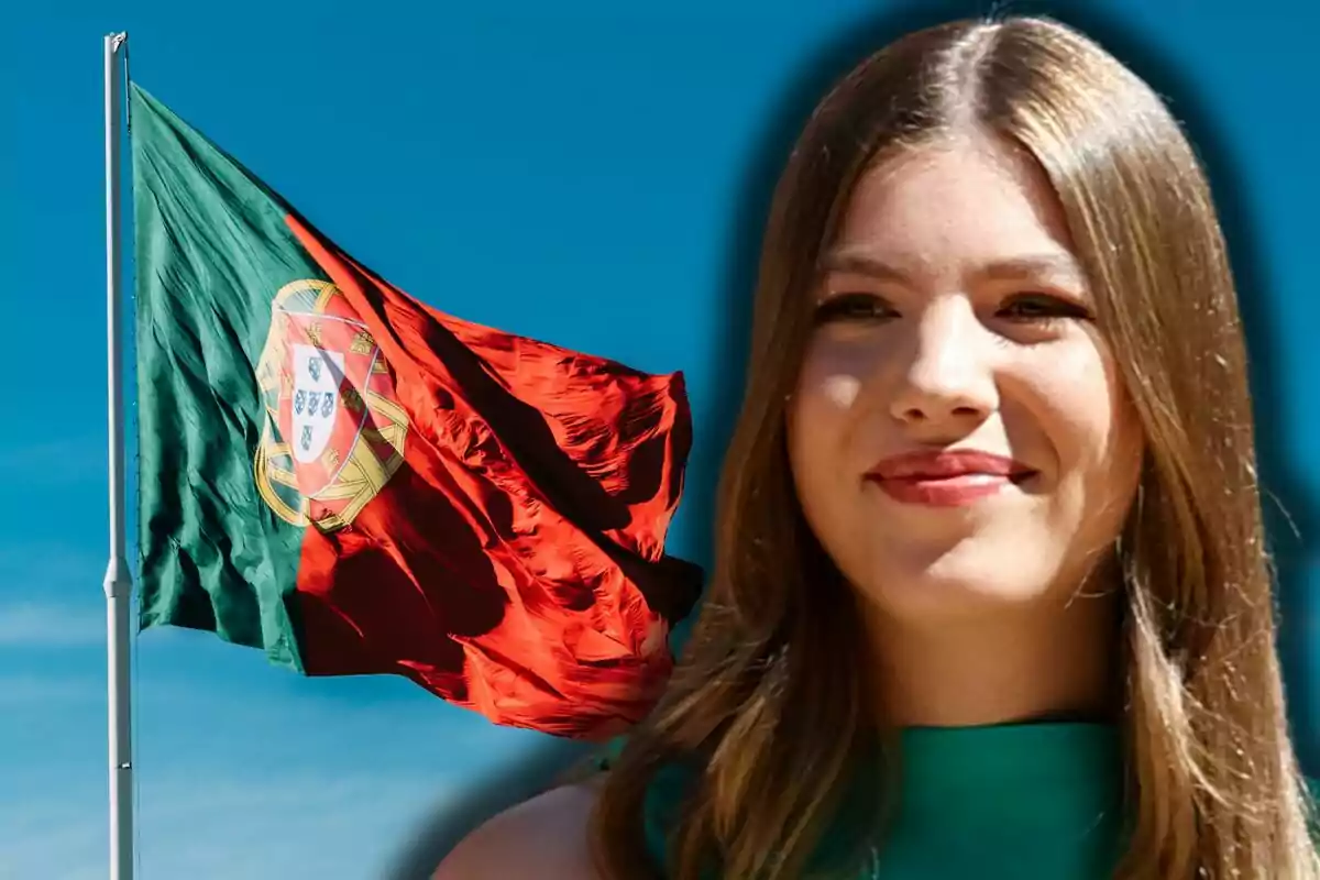 Bandera de Portugal onejant al costat del retrat de la infanta Sofia amb fons blau