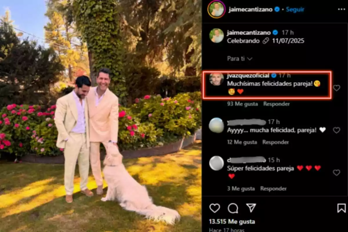 Jaime Cantizano i Miguel Golding, vestits amb vestits clars, somriuen en un jardí ple de flors mentre un gos blanc s’acosta a ells; a la dreta es veuen comentaris de felicitació en una publicació d’Instagram. Jaime Cantizano i Miguel Golding, vestits amb vestits clars, somriuen en un jardí ple de flors mentre un gos blanc s’acosta a ells; a la dreta es veuen comentaris de felicitació en una publicació d’Instagram.
