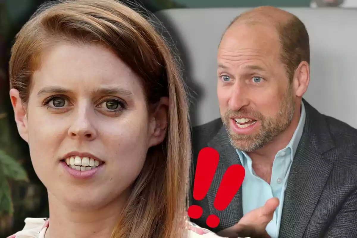 Beatriz de York en primer pla amb expressió seriosa i el príncep Guillem al fons gesticulant amb èmfasi al costat de dos signes d’exclamació vermells
