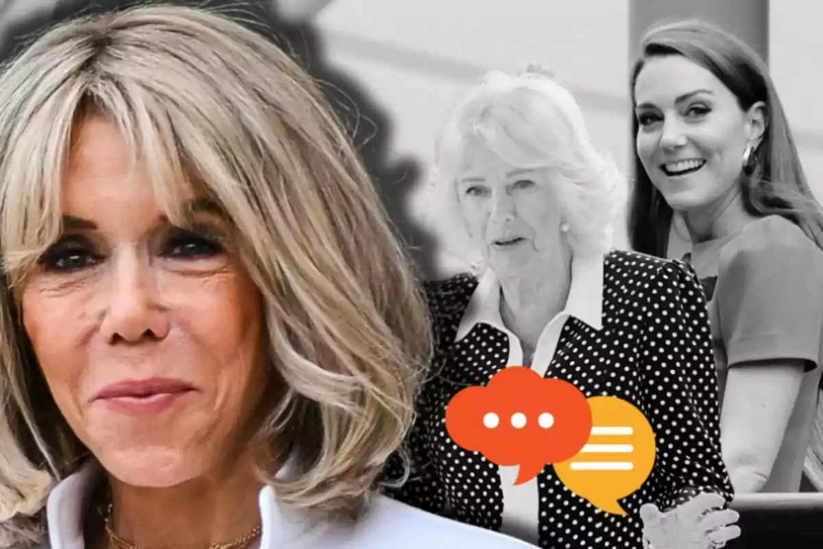 Brigitte Macron, la reina Camila i Kate Middleton apareixen a la imatge, una en primer pla i dues al fons, amb icones de bombolles de diàleg superposades.