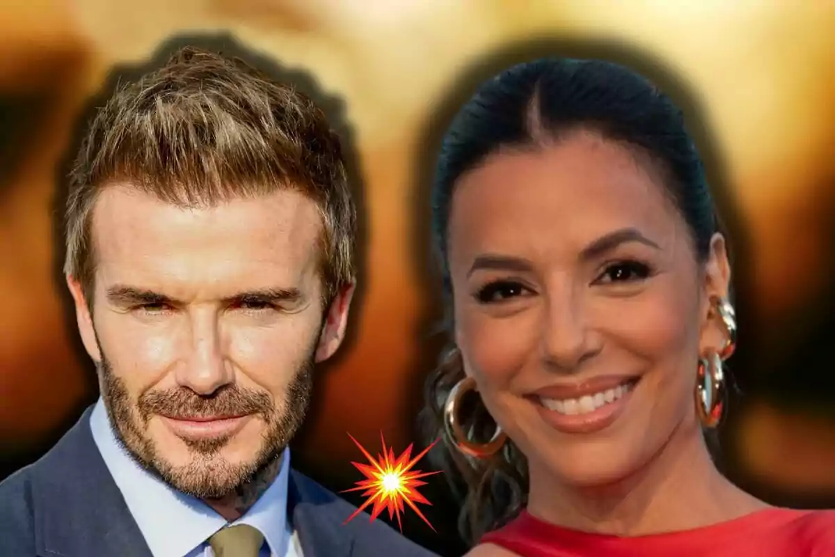 David Beckham and a smiling Eva Longoria appear together with a blurred background and an explosion effect between them.