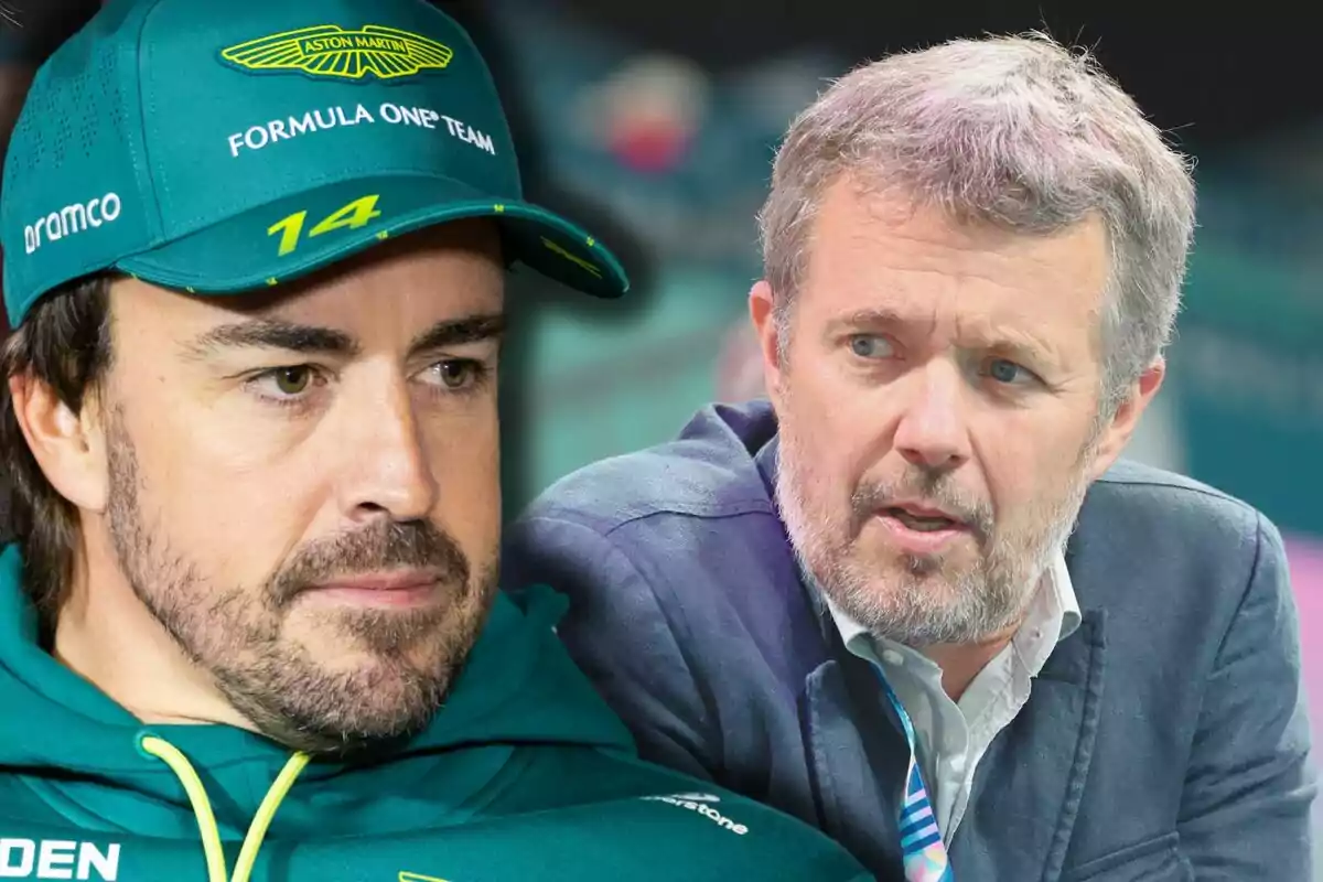 Fernando Alonso y Federico X en primer plano, uno con gorra y chaqueta verde de un equipo de Fórmula 1 y otro con barba y cabello canoso, ambos con expresiones serias.