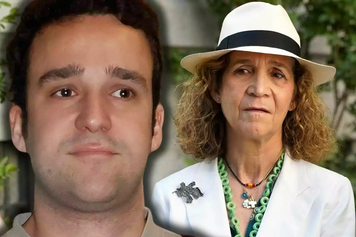 Froilán y la infanta Elena con sombrero blanco y chaqueta clara aparecen juntos en la imagen, ambos con expresiones serias.