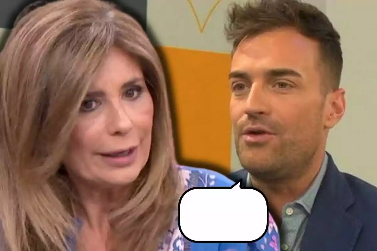 Gema López i Miquel Valls conversant en un programa de televisió amb un globus de diàleg buit en primer pla