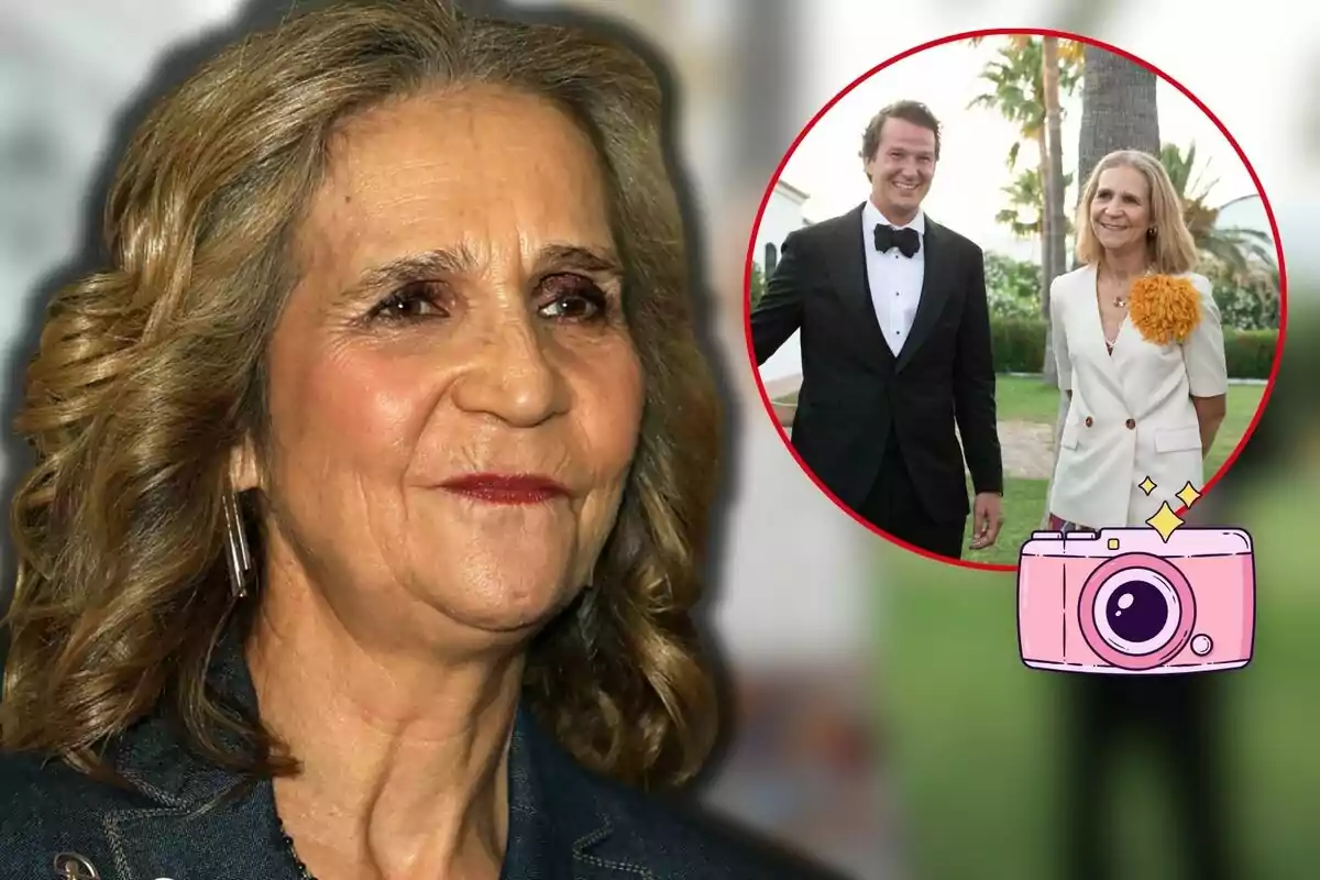 La infanta Elena en primer pla amb una imatge circular a la cantonada mostrant la mateixa dona al costat de Luis Astolfi JR vestit d’smòquing en un entorn a l’aire lliure, acompanyats d’un dibuix de càmera rosa