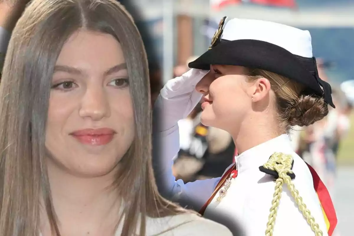 Infanta Sofía appears in the foreground while Princess Leonor can be seen in the background wearing a black and white military uniform and giving a military salute.