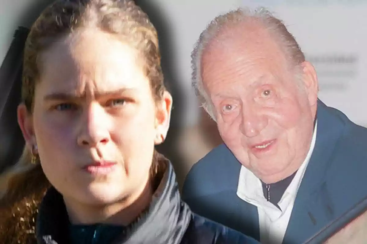 Irene Urdangarin i Joan Carles I, una jove de cabell clar i expressió seriosa en primer pla i un home gran de cabell canós i somriure lleu al fons desenfocat