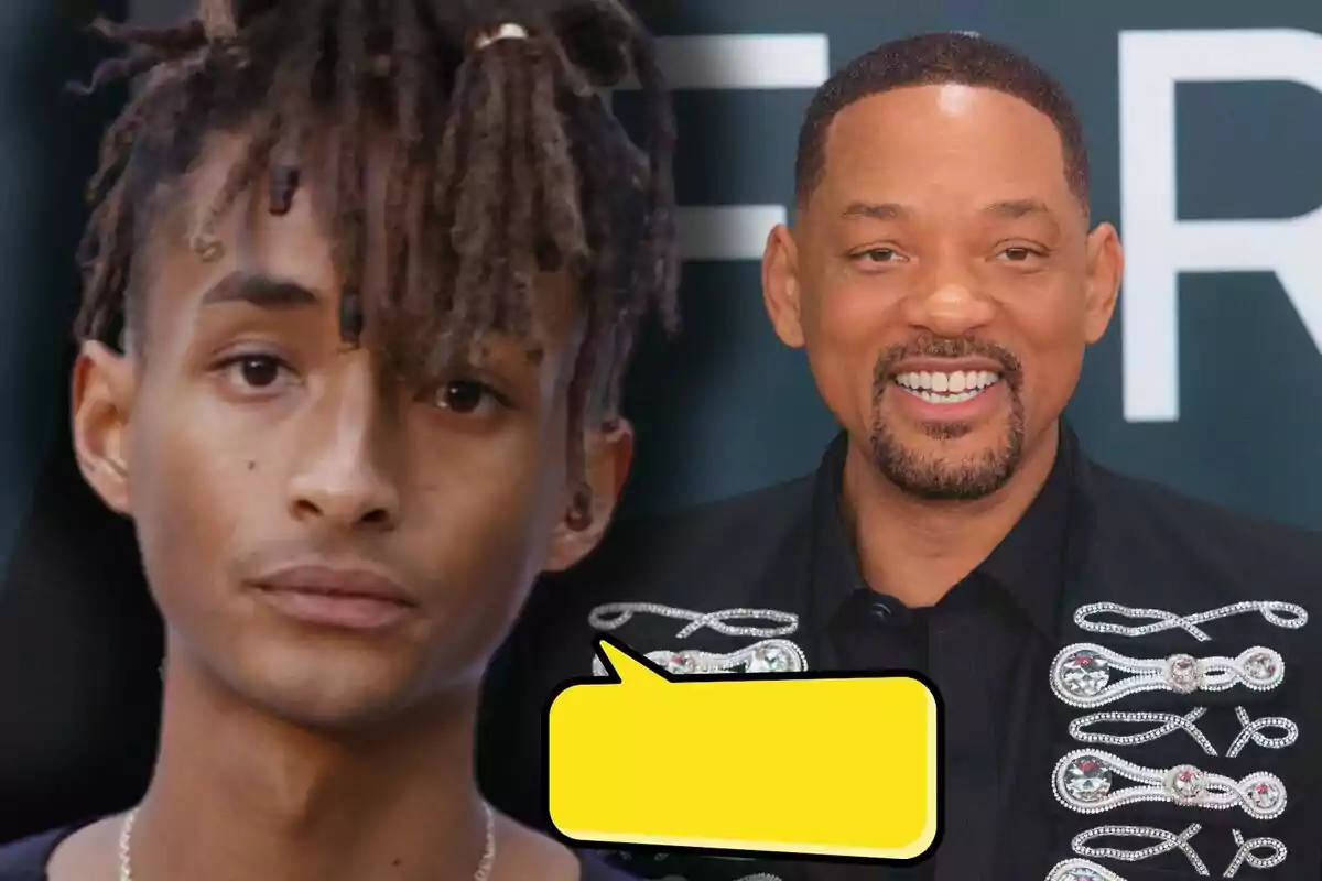 Jaden y Will Smith posan frente a la cámara, una de ellas sonríe y la otra tiene expresión seria, en la parte inferior hay un recuadro amarillo de diálogo vacío