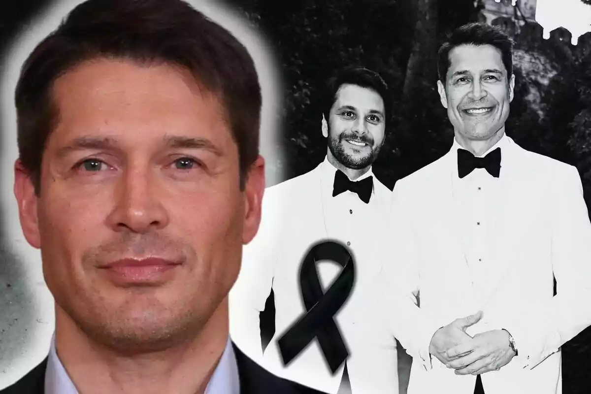 Primer plano de Jaime Cantizano con expresión seria y al fondo una imagen en blanco y negro de él y Miguel García vestidos de esmoquin blanco junto a un moño negro de luto