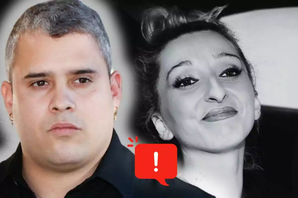José Fernando y Michu en primer plano con una burbuja roja de advertencia entre ellas
