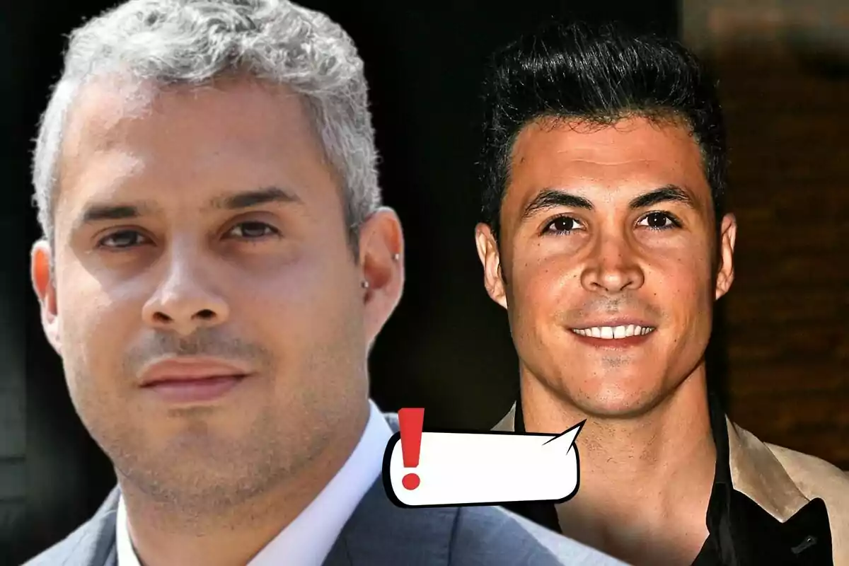 José Fernando i Kiko Jiménez posen junts, un amb cabell canós i l’altre amb cabell fosc, amb un requadre de diàleg amb un signe d’exclamació a la part inferior.