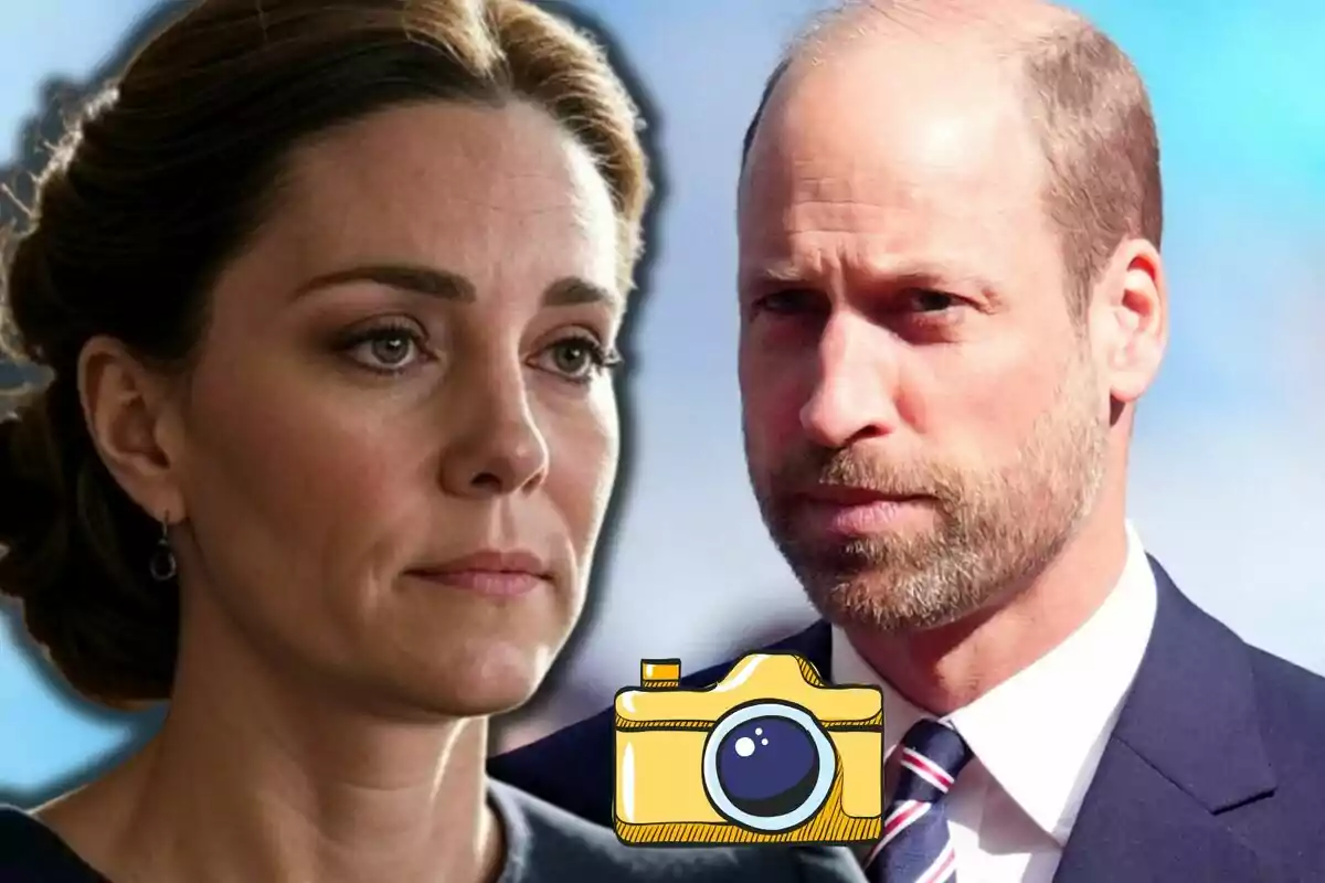Kate Middleton i el príncep Guillem, amb expressions serioses, apareixen junts amb un dibuix d’una càmera fotogràfica en primer pla.