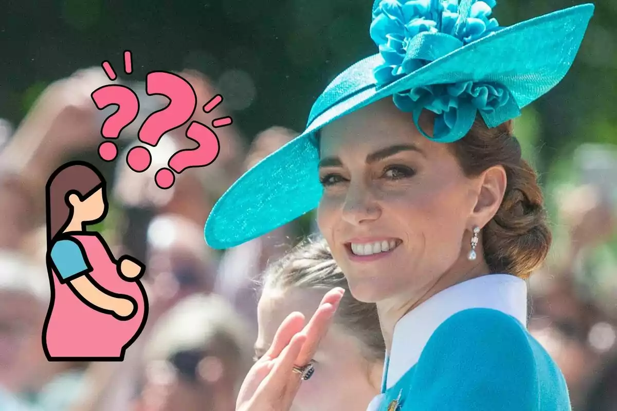Kate Middleton sonriente con sombrero azul y un dibujo de mujer embarazada con signos de interrogación en el fondo