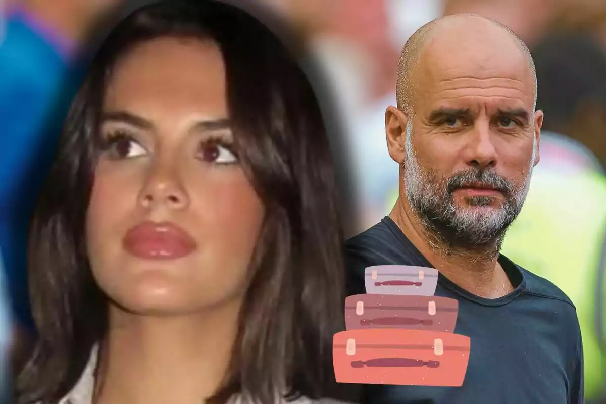 María y Pep Guardiola aparecen juntos en la imagen, al frente hay un dibujo de tres maletas apiladas.