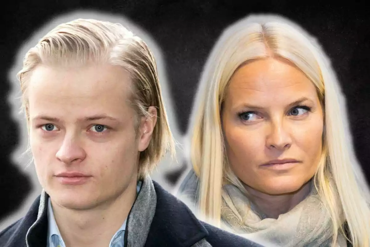 Marius Borg y Mette-Marit miran en diferentes direcciones con expresiones serias sobre un fondo oscuro difuminado.