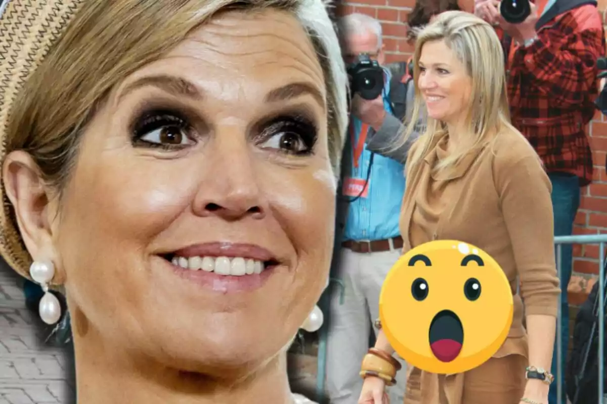 Primer pla de Máxima d’Holanda somrient amb maquillatge fosc als ulls i arracades de perla, al fons la mateixa dona de cos sencer amb un emoji de cara sorpresa cobrint part del seu tors, envoltada de fotògrafs i persones.